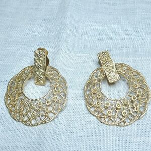 Vintage Clip On Gold Tone Filigree Earrings Dangle Statement Chunky 2.5"